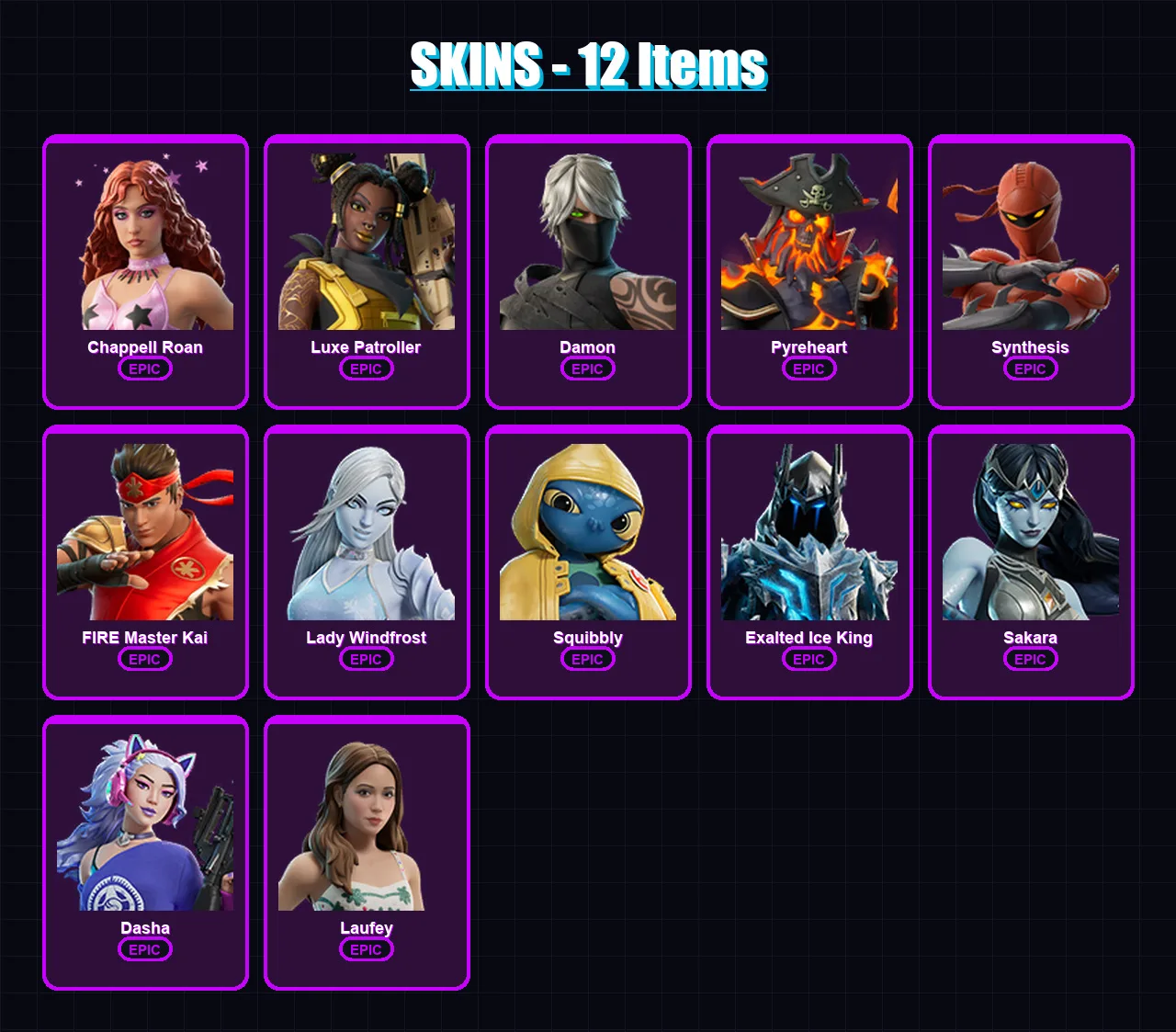 [PC/PSN] | Chappell Roan | Luxe Patroller | Damon | Pyreheart | Synthesis | 12 skin | 22 pickaxe | 13 emote | 12 glider | Lv98