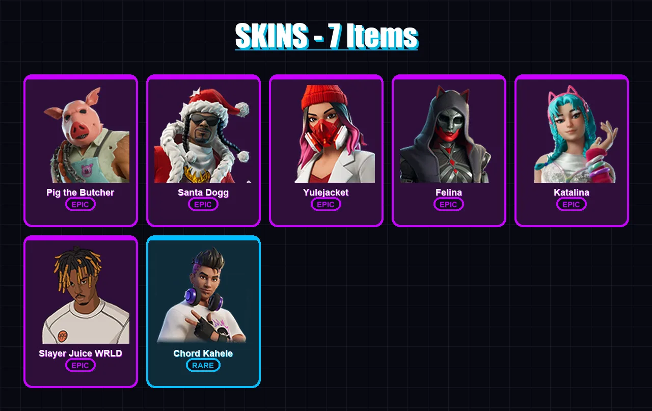 [PC/XBOX/PSN] | Pig the Butcher | Santa Dogg | Yulejacket | Felina | Katalina | 7 skin | 31 pickaxe | 10 emote | 19 glider | Lv190