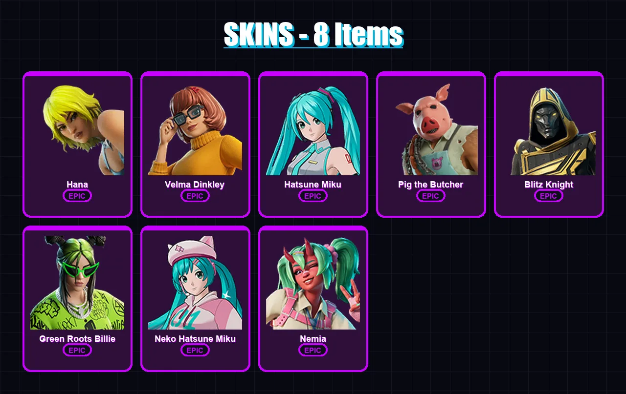 [PC/XBOX/PSN] | Hana | Velma Dinkley | Hatsune Miku | Pig the Butcher | Blitz Knight | 8 skin | 29 pickaxe | 18 emote | 18 glider | Lv155 — Game account