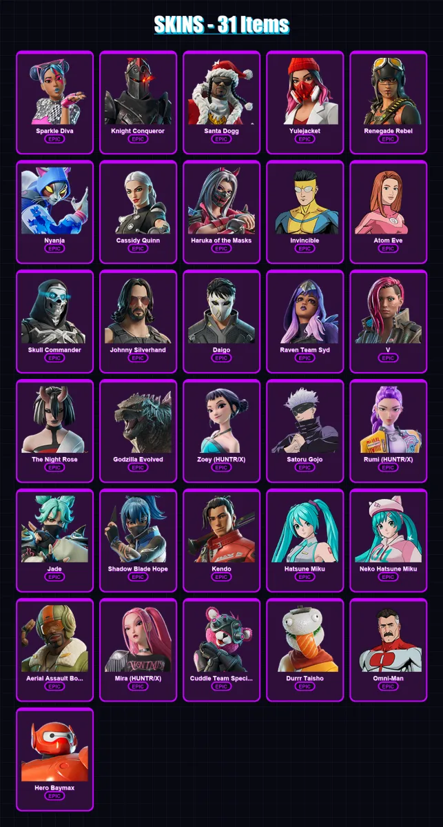 [PC/XBOX] | Sparkle Diva | Knight Conqueror | Santa Dogg | Yulejacket | Renegade Rebel | 31 skin | 49 pickaxe | 36 emote | 26 glider | Lv326