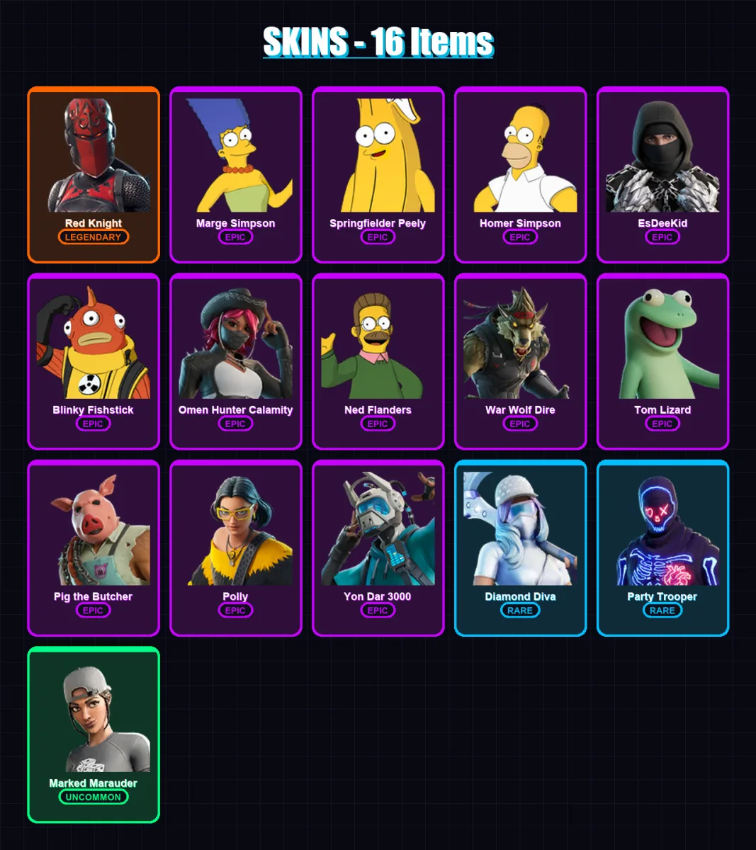 [PC/XBOX/PSN] | Red Knight | Marge Simpson | Springfielder Peely | Homer Simpson | EsDeeKid | 16 skin | 36 pickaxe | 22 emote | 22 glider | Lv265