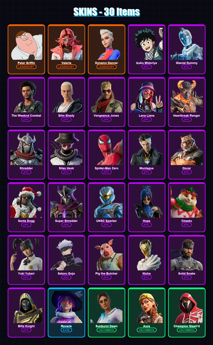 [PC] | Peter Griffin | Valeria | Dynamo Dancer | Izuku Midoriya | Glacial Dummy | 30 skin | 74 pickaxe | 39 emote | 43 glider | Lv762