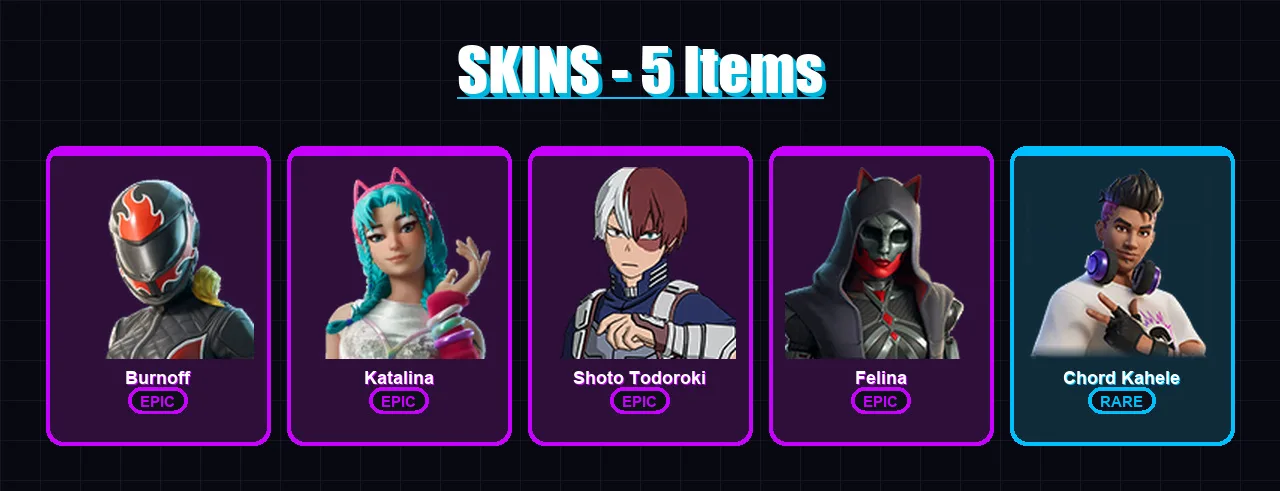 [PC/XBOX/PSN] | Burnoff | Katalina | Shoto Todoroki | Felina | Chord Kahele | 5 skin | 15 pickaxe | 8 emote | 5 glider | Lv116