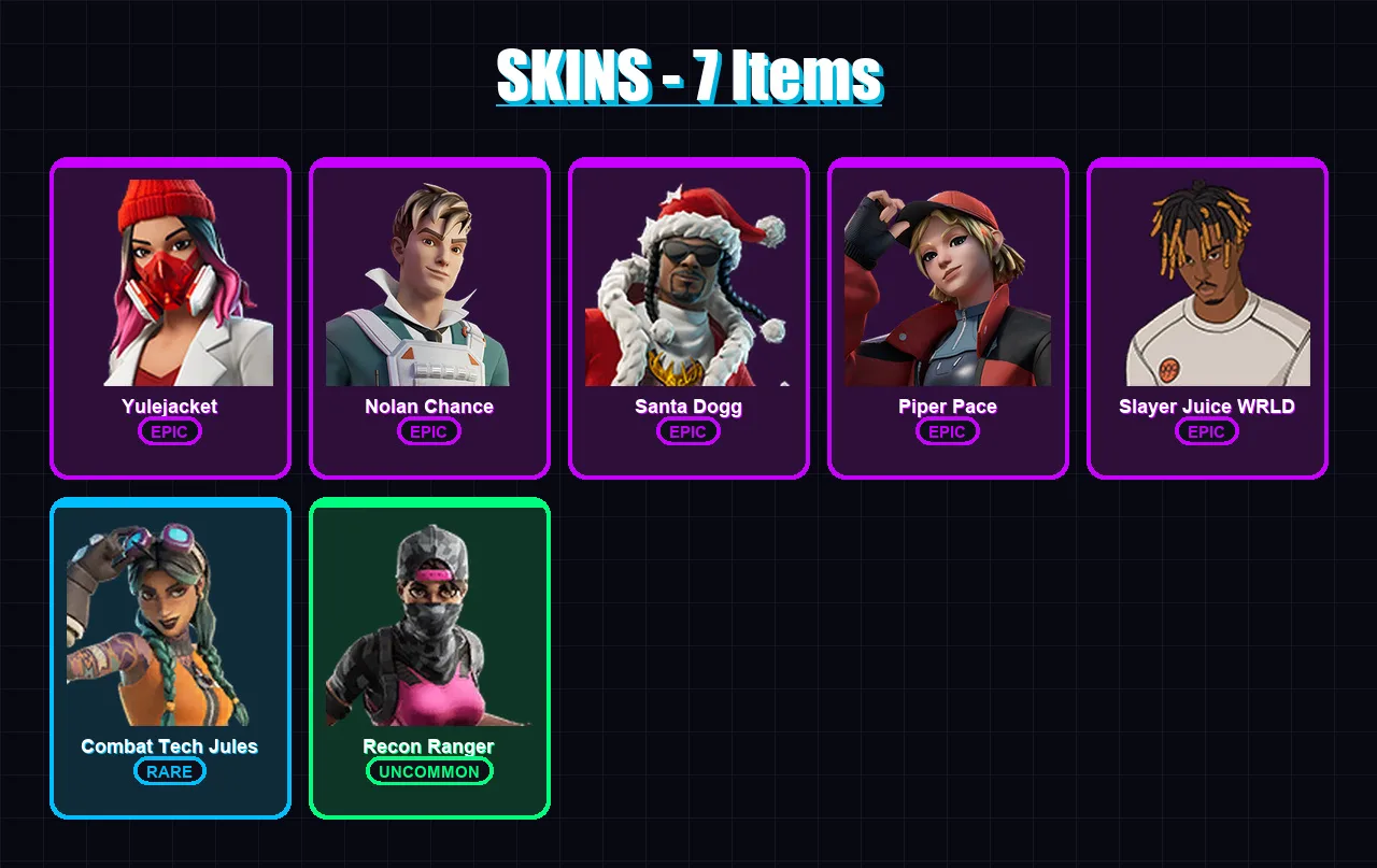 [PS4/PS5/XBOX/PC] | Yulejacket | Nolan Chance | Santa Dogg | Piper Pace | Slayer Juice WRLD | 7 skin | 27 pickaxe | 18 emote | 26 glider | Lv308