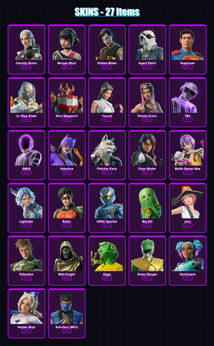 [PC/XBOX/PSN] | Cassidy Quinn | Morgan Myst | Outlaw Midas | Agent Patch | Superman | 27 skin | 56 pickaxe | 37 emote | 35 glider | Lv376