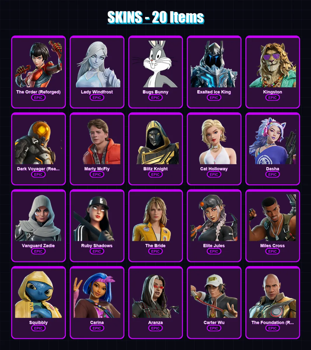 [PC/XBOX/PSN] | The Order (Reforged) | Lady Windfrost | Bugs Bunny | Exalted Ice King | Kingston | 20 skin | 58 pickaxe | 31 emote | 42 glider | Lv5