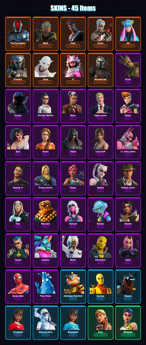 [PC/XBOX/PSN] | The Foundation | Malik | Fade | Ronin | Alli | 45 skin | 60 pickaxe | 41 emote | 59 glider | Lv705