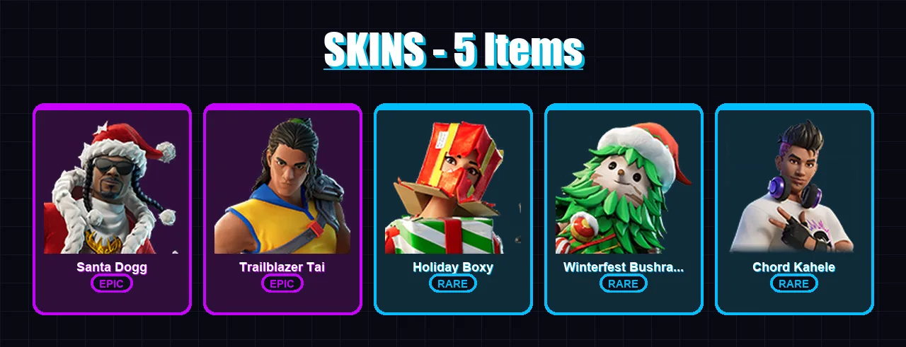 [PC/XBOX/PSN] | Santa Dogg | Trailblazer Tai | Holiday Boxy | Winterfest Bushranger | Chord Kahele | 5 skin | 15 pickaxe | 6 emote | 9 glider | Lv16