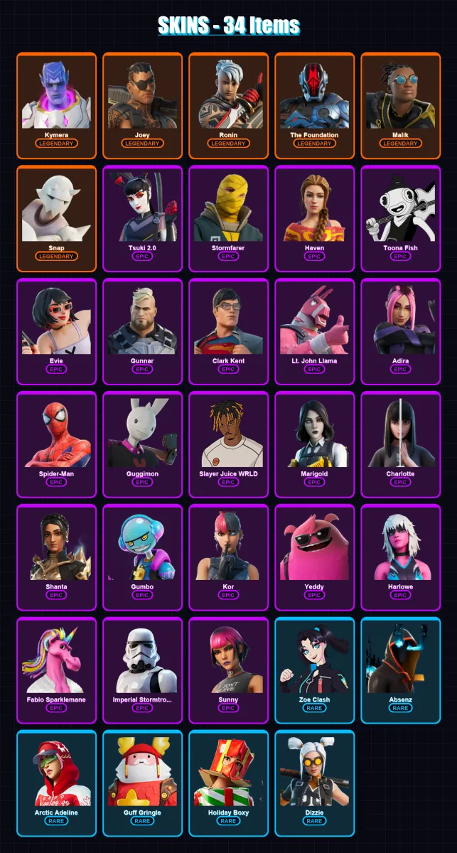 [PC/XBOX/PSN] | Kymera | Joey | Ronin | The Foundation | Malik | 34 skin | 42 pickaxe | 40 emote | 41 glider | Lv474
