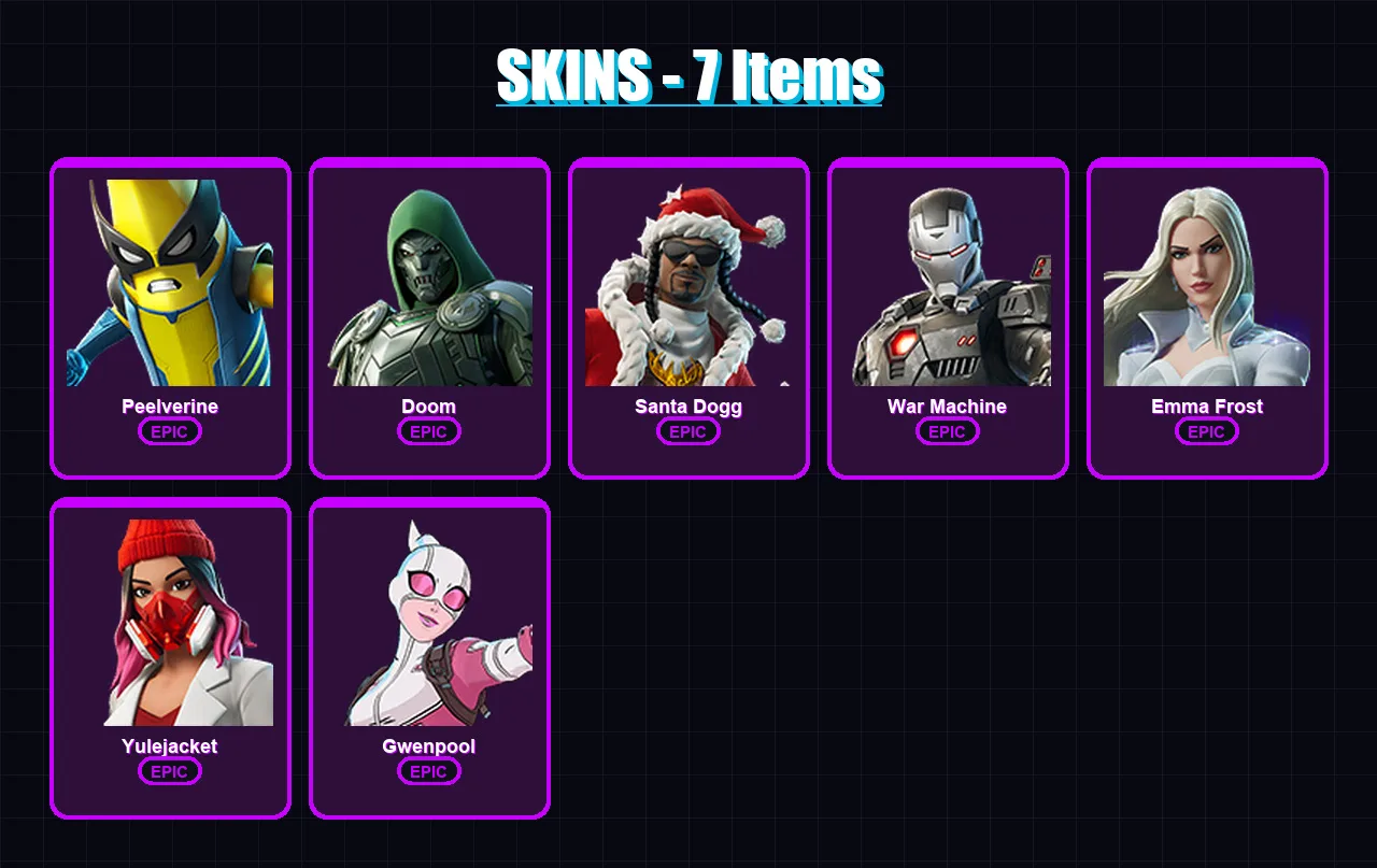 [PC/XBOX/PSN] | Peelverine | Doom | Santa Dogg | War Machine | Emma Frost | 7 skin | 28 pickaxe | 11 emote | 20 glider | Lv150