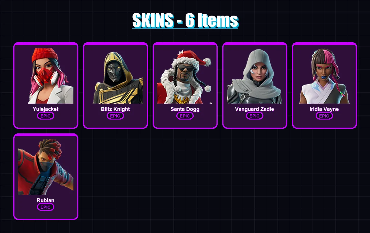 [PC/XBOX/PSN] | Yulejacket | Blitz Knight | Santa Dogg | Vanguard Zadie | Iridia Vayne | 6 skin | 57 pickaxe | 19 emote | 32 glider | Lv463