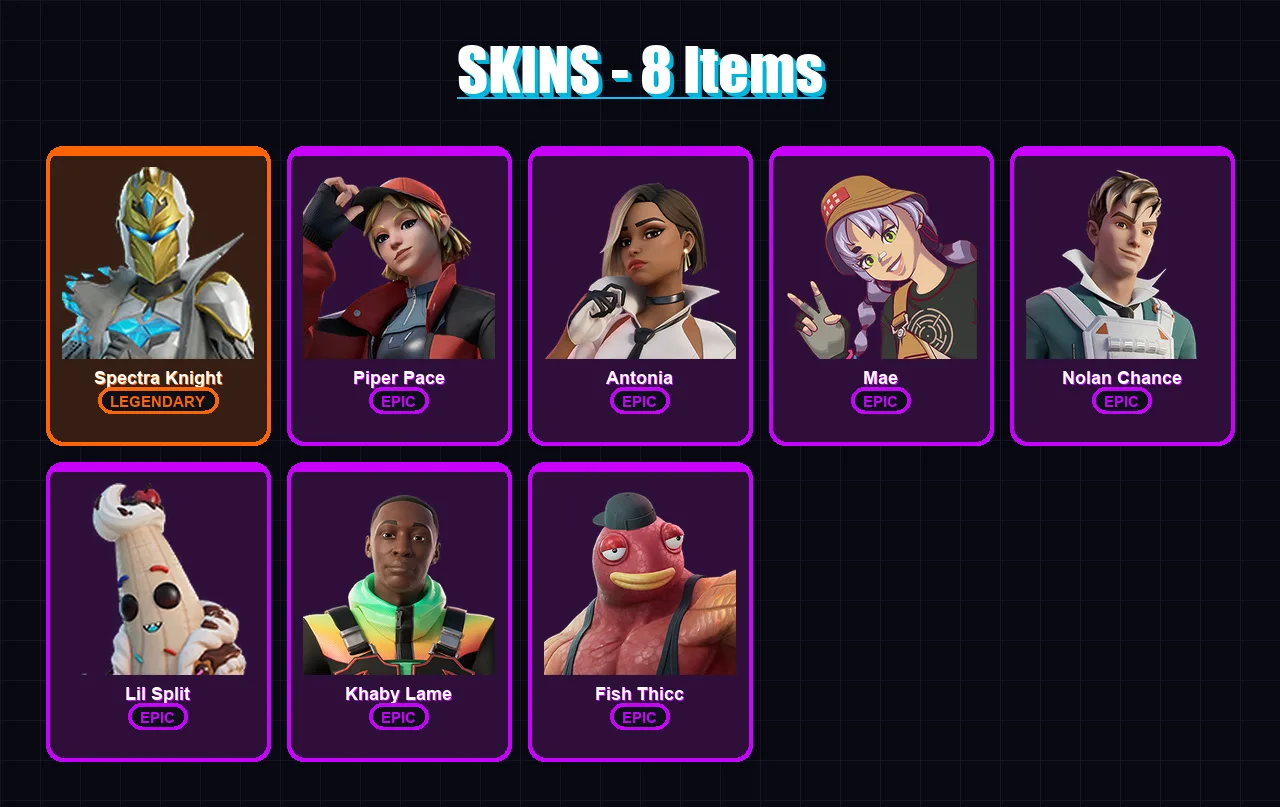 [PC/XBOX/PSN] | Spectra Knight | Piper Pace | Antonia | Mae | Nolan Chance | 8 skin | 10 pickaxe | 7 emote | 9 glider | Lv116