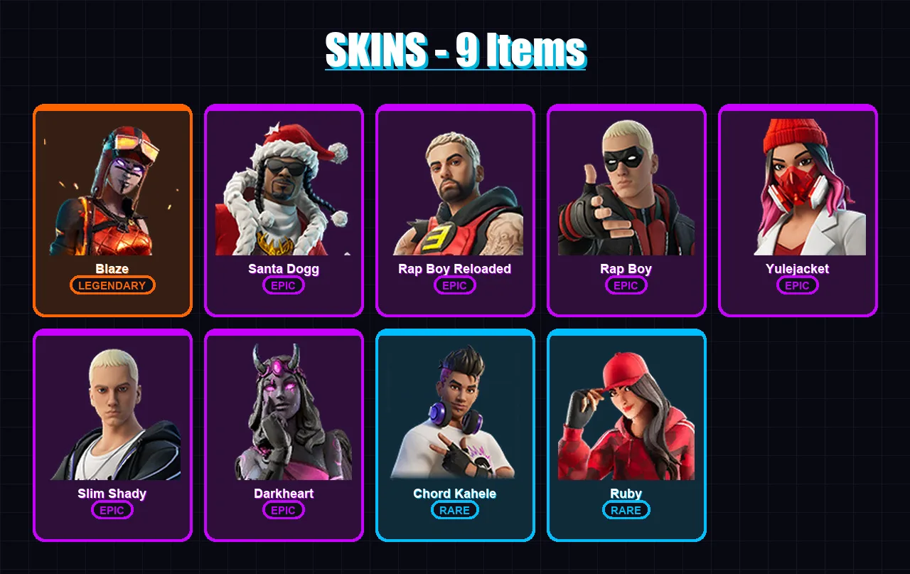 [PS4/PS5/XBOX/PC] | Blaze | Santa Dogg | Rap Boy Reloaded | Rap Boy | Yulejacket | 9 skin | 21 pickaxe | 12 emote | 13 glider | Lv133