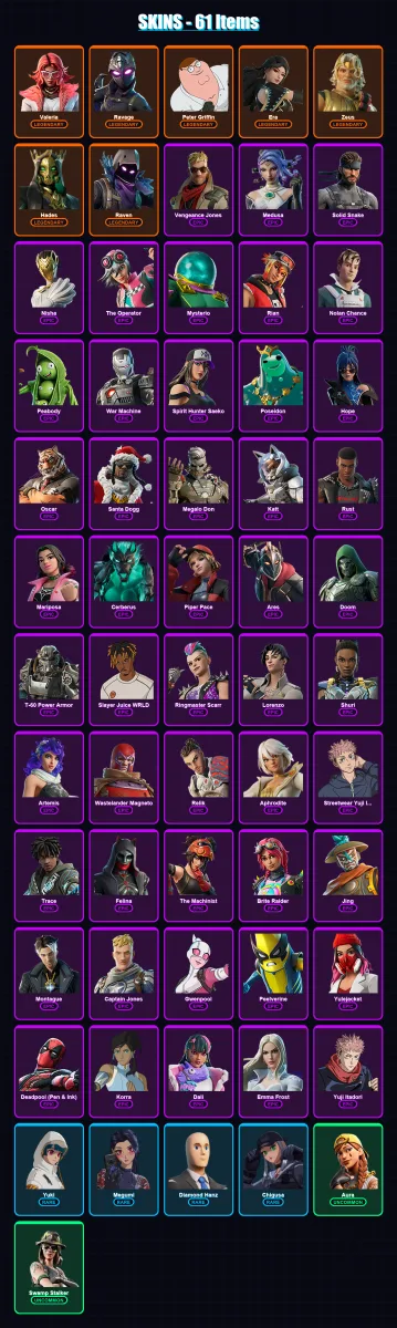 [PC/XBOX/PSN] | Valeria | Ravage | Peter Griffin | Era | Zeus | 61 skin | 99 pickaxe | 94 emote | 70 glider | Lv914