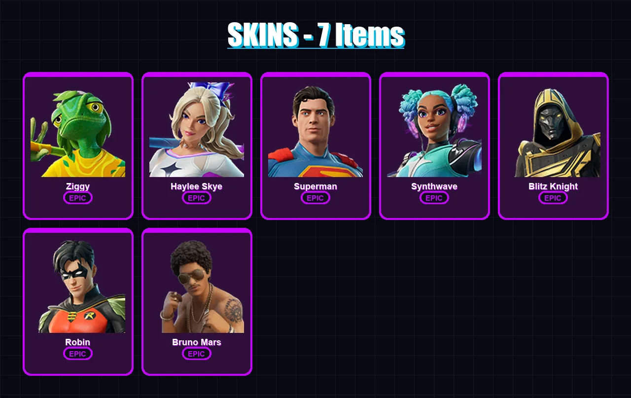 [PC/XBOX/PSN] | Ziggy | Haylee Skye | Superman | Synthwave | Blitz Knight | 7 skin | 19 pickaxe | 11 emote | 13 glider | Lv102