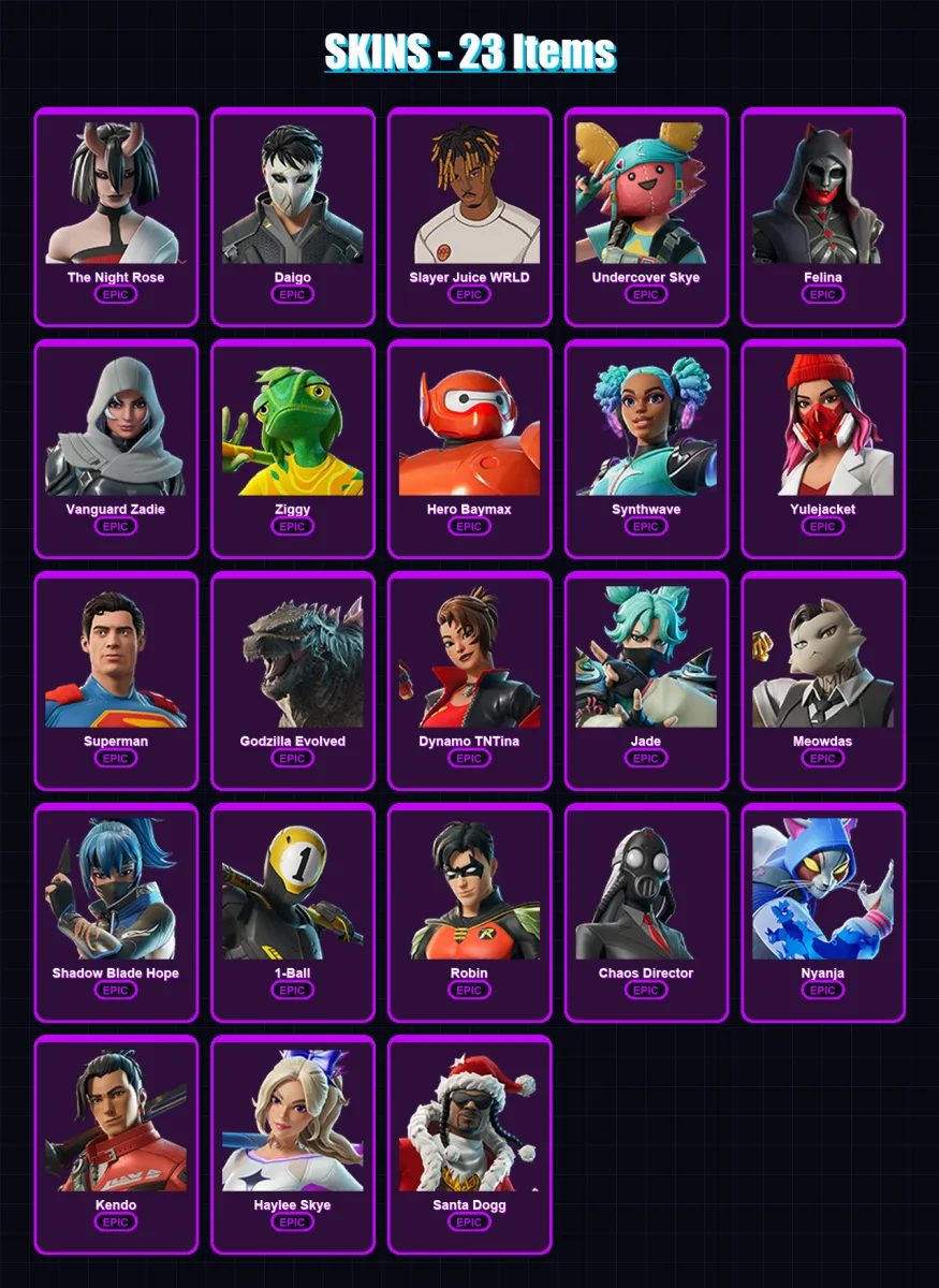[PC/XBOX/PSN] | The Night Rose | Daigo | Slayer Juice WRLD | Undercover Skye | Felina | 23 skin | 63 pickaxe | 33 emote | 39 glider | Lv472