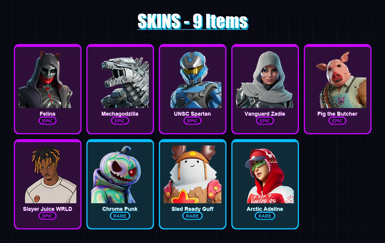 [PC/XBOX/PSN] | Felina | Mechagodzilla | UNSC Spartan | Vanguard Zadie | Pig the Butcher | 9 skin | 60 pickaxe | 24 emote | 48 glider | Lv994