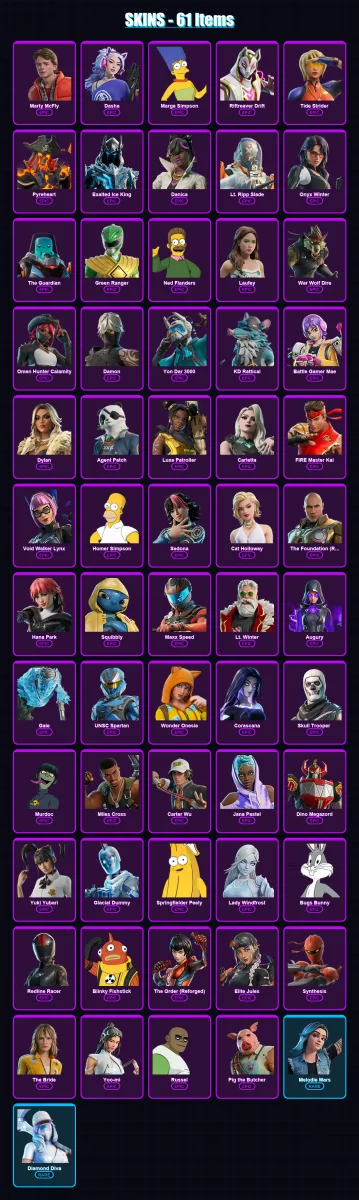 [PC/XBOX] | Marty McFly | Dasha | Marge Simpson | Riftreaver Drift | Tide Strider | 61 skin | 82 pickaxe | 57 emote | 43 glider | Lv397