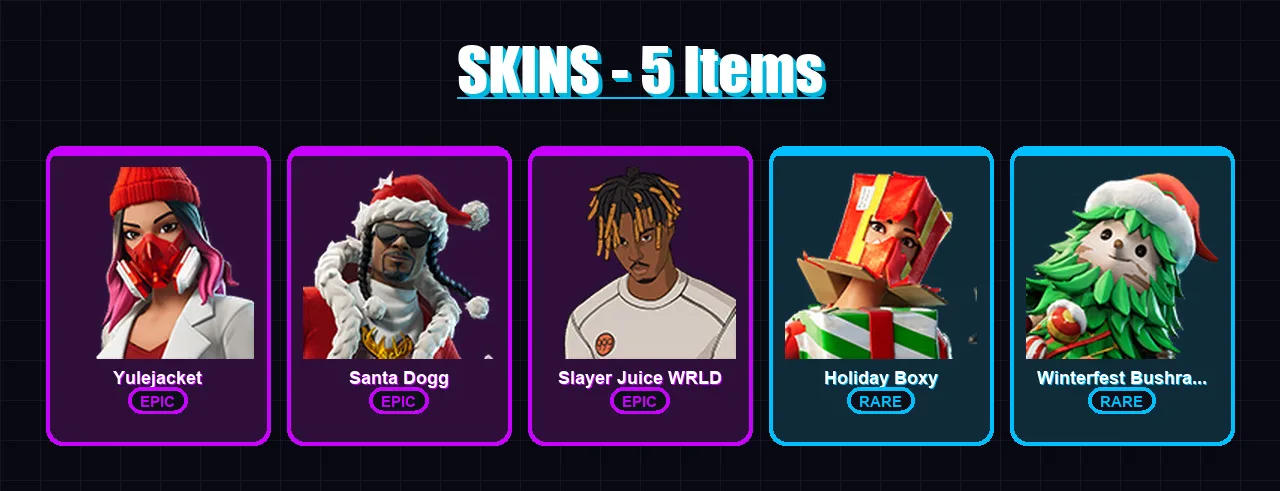 [PC/XBOX/PSN] | Yulejacket | Santa Dogg | Slayer Juice WRLD | Holiday Boxy | Winterfest Bushranger | 5 skin | 21 pickaxe | 9 emote | 18 glider | Lv2
