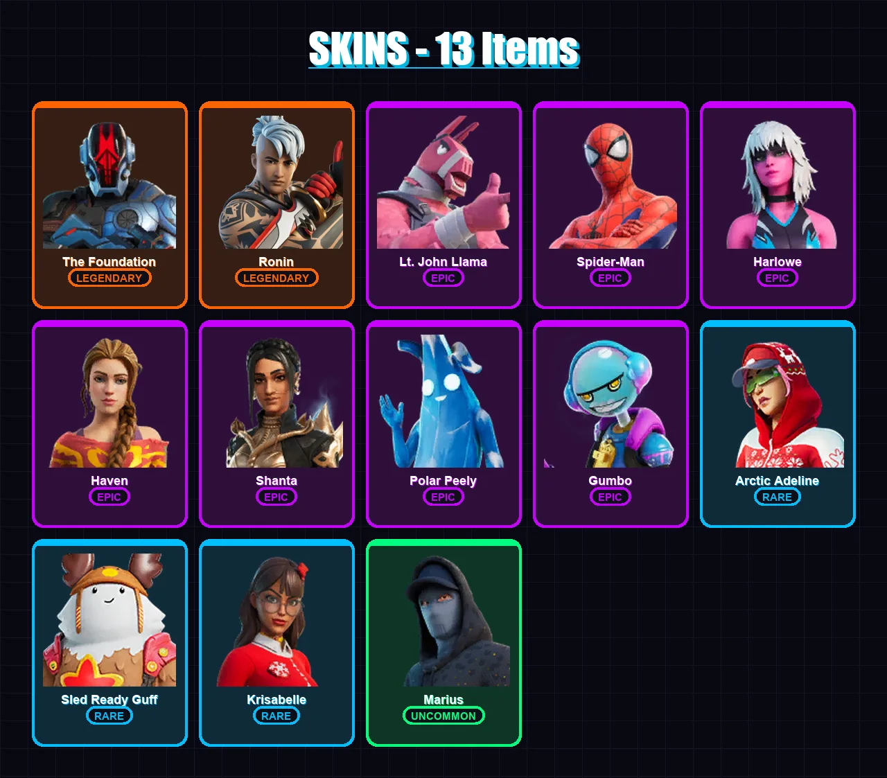 [PC/XBOX] | The Foundation | Ronin | Lt. John Llama | Spider-Man | Harlowe | 13 skin | 21 pickaxe | 14 emote | 19 glider | Lv190