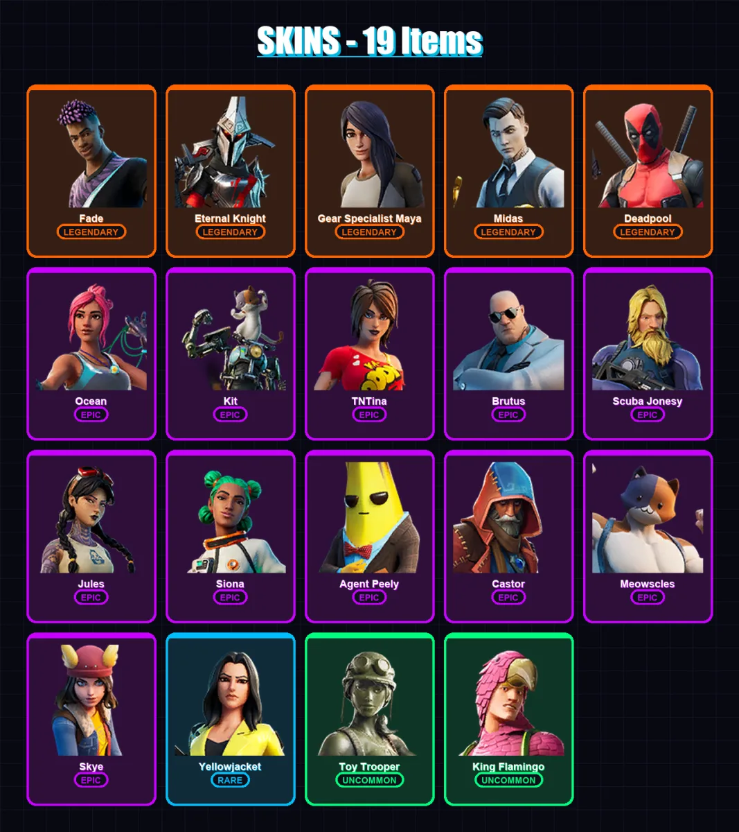 [PC/XBOX/PSN] | Fade | Eternal Knight | Gear Specialist Maya | Midas | Deadpool | 19 skin | 18 pickaxe | 21 emote | 21 glider | Lv321