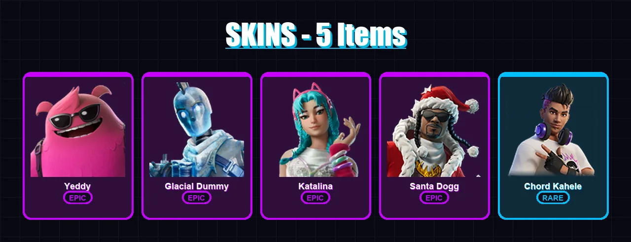 [PC/XBOX/PSN] | Yeddy | Glacial Dummy | Katalina | Santa Dogg | Chord Kahele | 5 skin | 21 pickaxe | 7 emote | 9 glider | Lv86