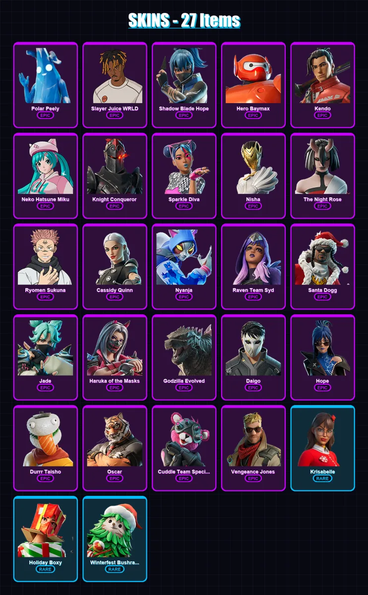 [PC/XBOX/PSN] | Polar Peely | Slayer Juice WRLD | Shadow Blade Hope | Hero Baymax | Kendo | 27 skin | 38 pickaxe | 25 emote | 26 glider | Lv219