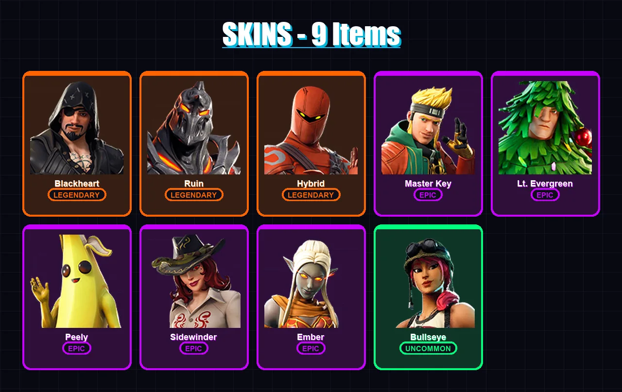 [PC/XBOX/PSN] | Blackheart | Ruin | Hybrid | Master Key | Lt. Evergreen | 9 skin | 10 pickaxe | 15 emote | 13 glider | Lv120