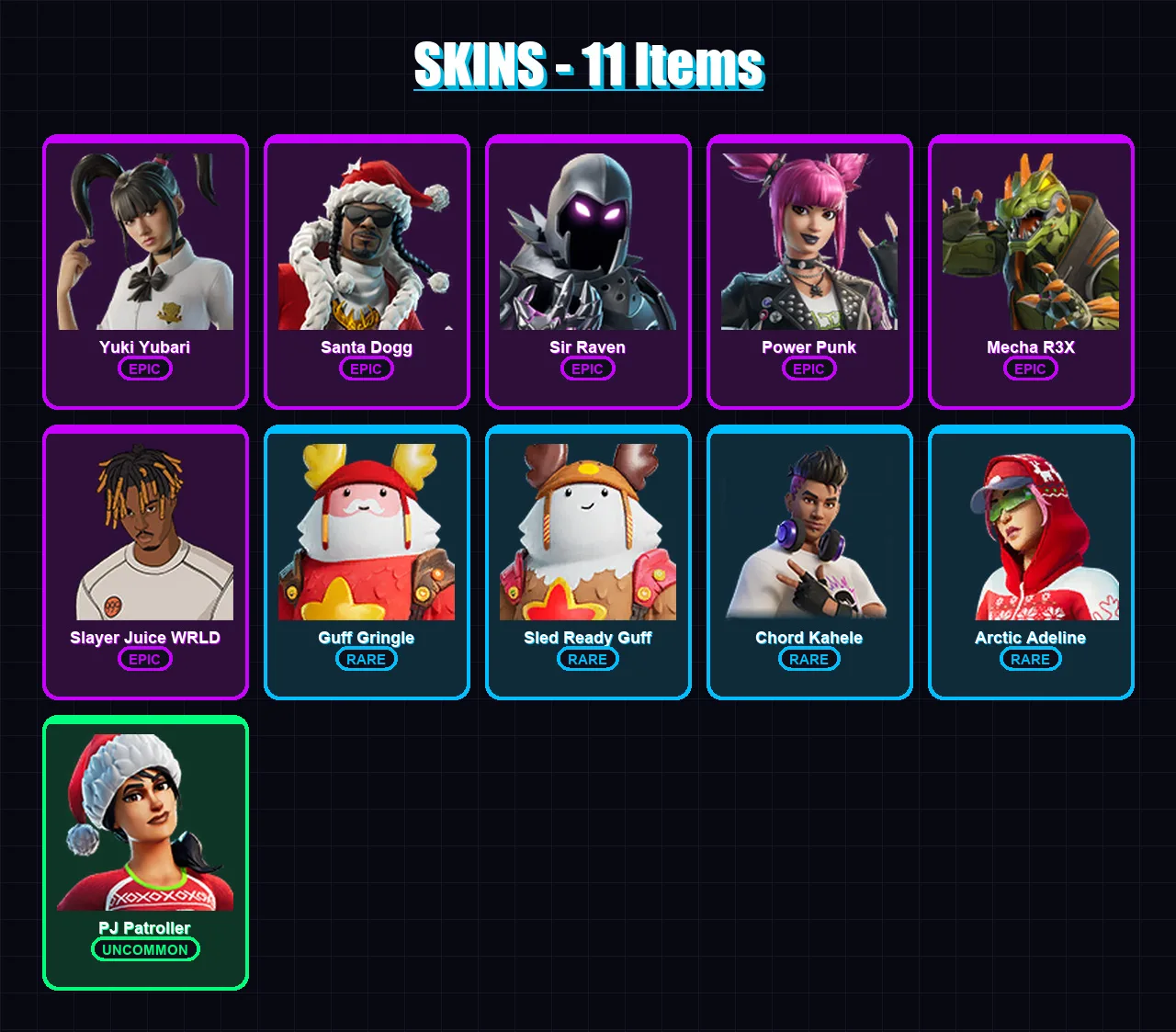 [PC/XBOX/PSN] | Yuki Yubari | Santa Dogg | Sir Raven | Power Punk | Mecha R3X | 11 skin | 28 pickaxe | 13 emote | 22 glider | Lv168 — Fortnite account