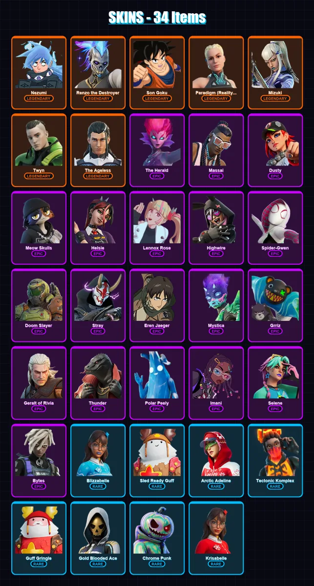 [PC/XBOX/PSN] | Nezumi | Renzo the Destroyer | Son Goku | Paradigm (Reality-659) | Mizuki | 34 skin | 55 pickaxe | 47 emote | 57 glider | Lv1074