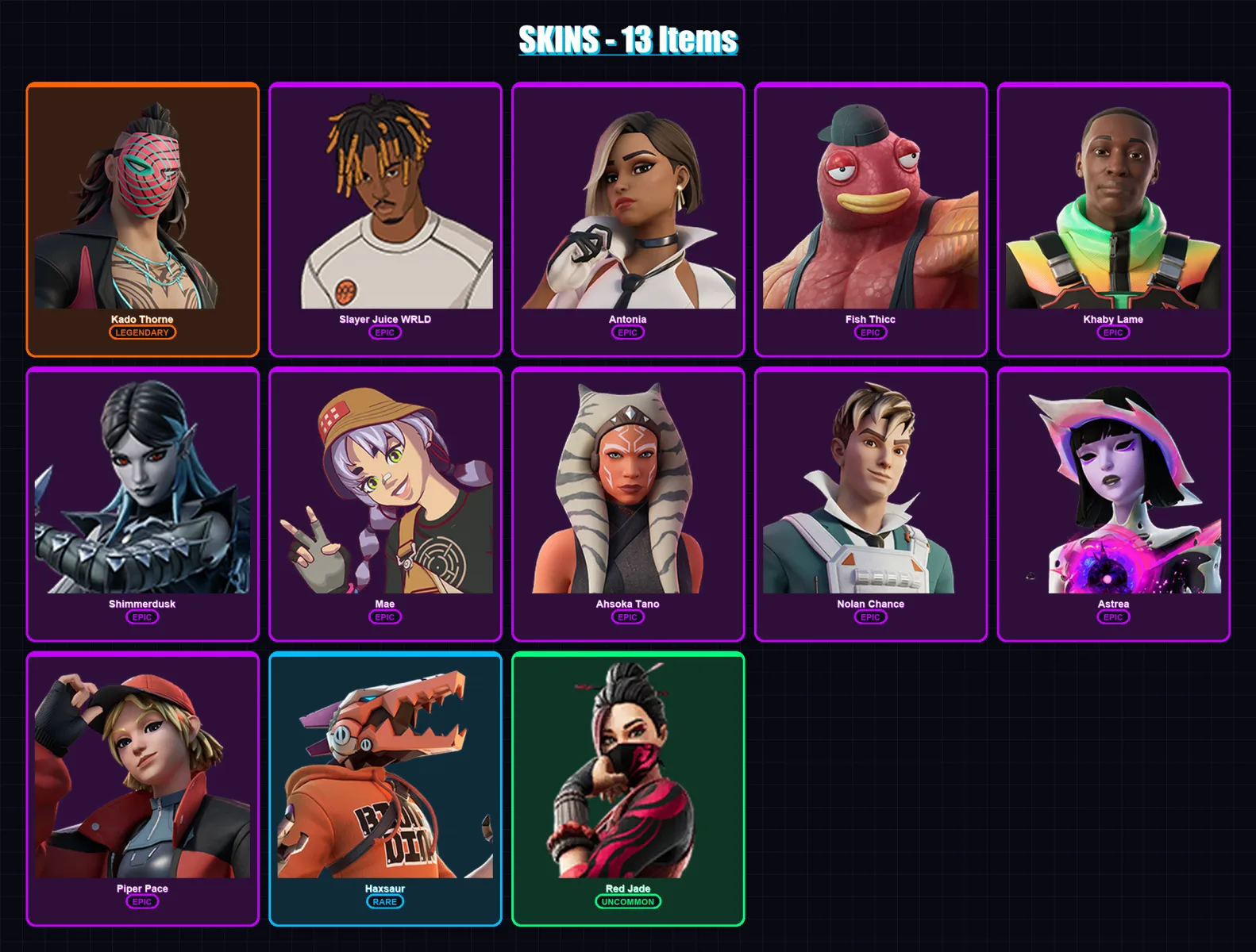 [PS4/PS5/XBOX/PC] | Kado Thorne | Slayer Juice WRLD | Antonia | Fish Thicc | Khaby Lame | 13 skin | 23 pickaxe | 17 emote | 18 glider | Lv252