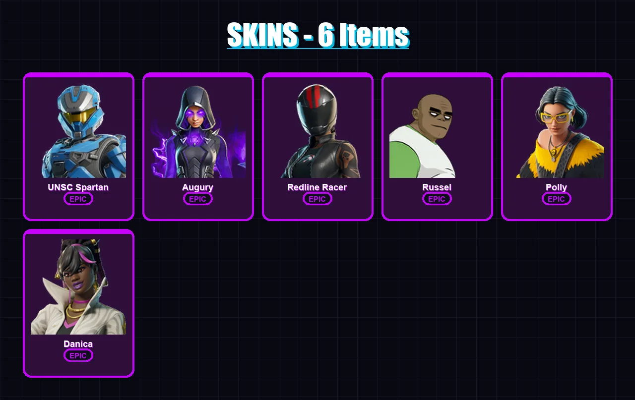 [PC/XBOX/PSN] | UNSC Spartan | Augury | Redline Racer | Russel | Polly | 6 skin | 4 pickaxe | 2 emote | 1 glider | Lv3