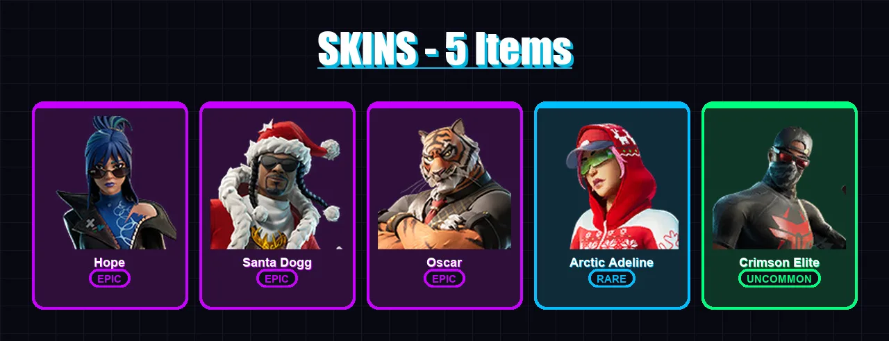 [PC/PSN] | Hope | Santa Dogg | Oscar | Arctic Adeline | Crimson Elite | 5 skin | 17 pickaxe | 8 emote | 10 glider | Lv130