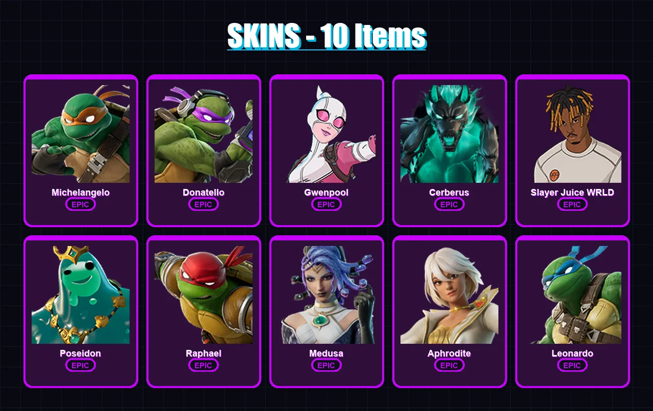 [PC/XBOX/PSN] | Michelangelo | Donatello | Gwenpool | Cerberus | Slayer Juice WRLD | 10 skin | 16 pickaxe | 8 emote | 11 glider | Lv121