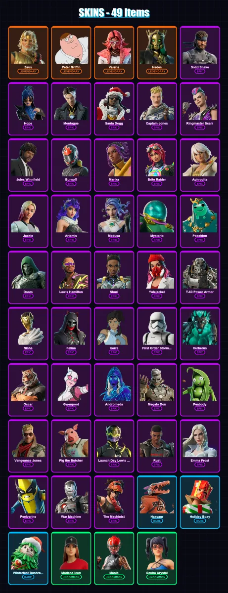 [PC] | Zeus | Peter Griffin | Valeria | Hades | Solid Snake | 49 skin | 93 pickaxe | 71 emote | 72 glider | Lv932