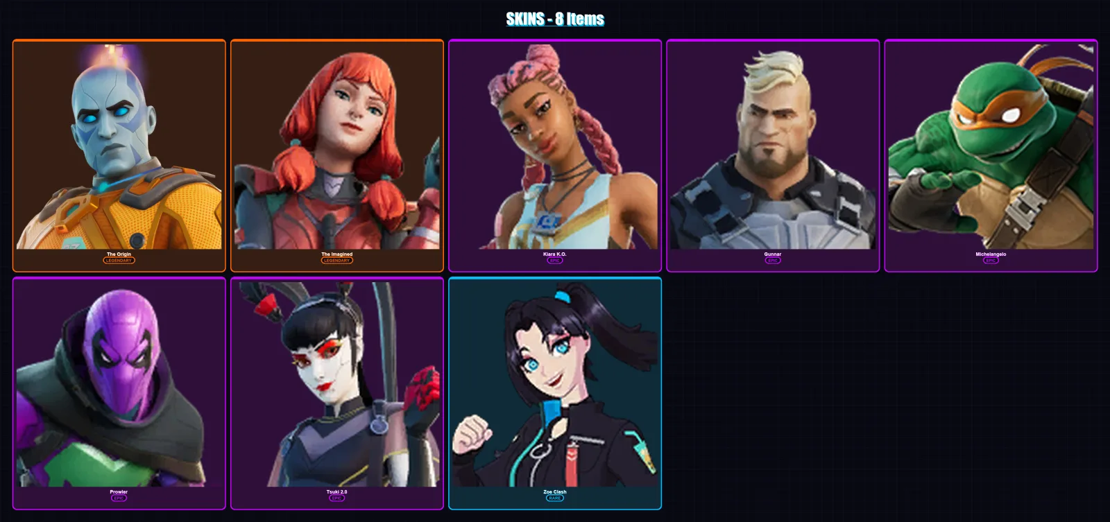 [PC/XBOX/PSN] | The Origin | The Imagined | Kiara K.O. | Gunnar | Michelangelo | 8 skin | 18 pickaxe | 11 emote | 14 glider | Lv185