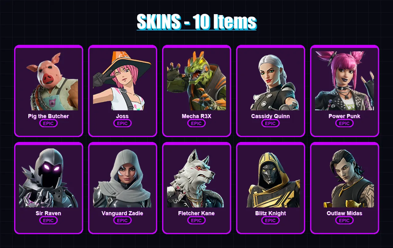[PC/XBOX/PSN] | Pig the Butcher | Joss | Mecha R3X | Cassidy Quinn | Power Punk | 10 skin | 37 pickaxe | 21 emote | 25 glider | Lv210