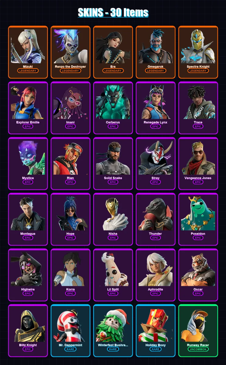 [PC/XBOX/PSN] | Mizuki | Renzo the Destroyer | Era | Omegarok | Spectra Knight | 30 skin | 46 pickaxe | 29 emote | 49 glider | Lv573