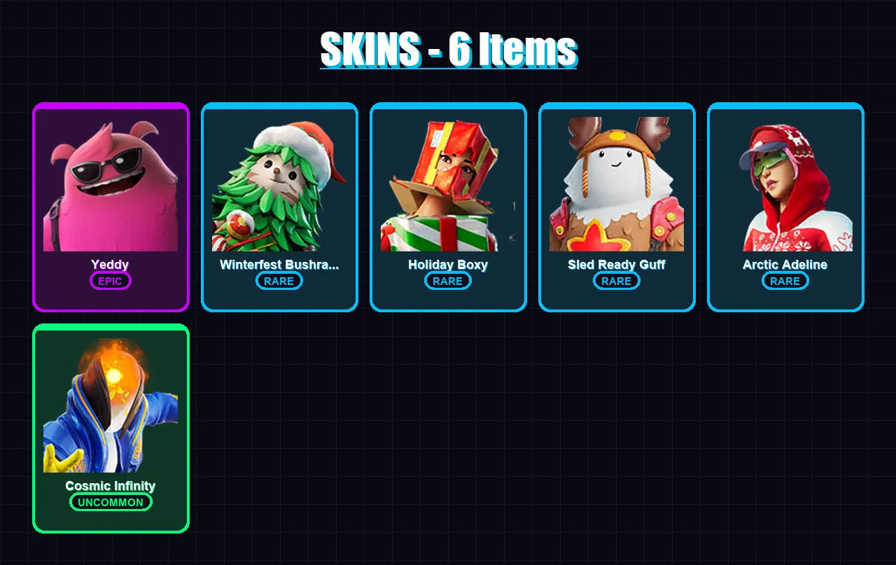 [PC/XBOX/PSN] | Yeddy | Winterfest Bushranger | Holiday Boxy | Sled Ready Guff | Arctic Adeline | 6 skin | 16 pickaxe | 8 emote | 16 glider | Lv245