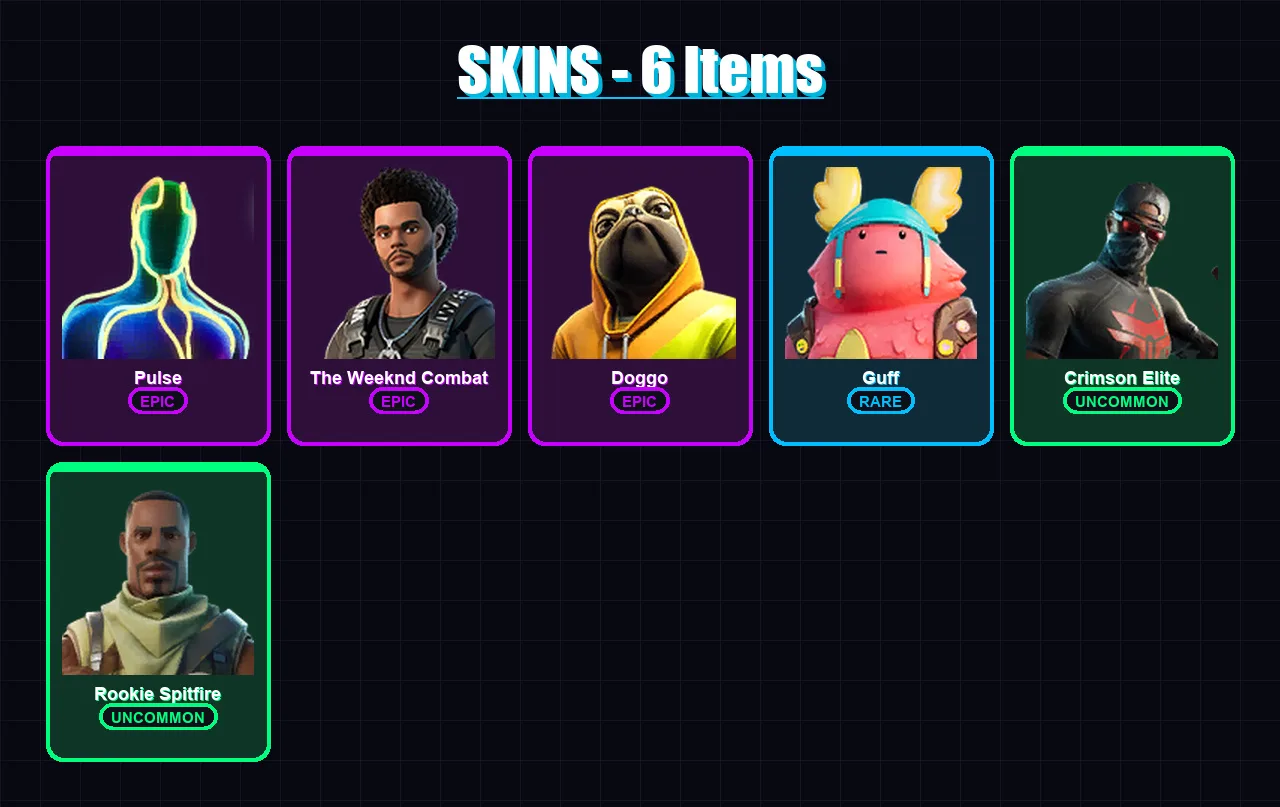 [PS4/PS5/XBOX/PC] | Pulse | The Weeknd Combat | Doggo | Guff | Crimson Elite | 6 skin | 10 pickaxe | 7 emote | 4 glider | Lv111