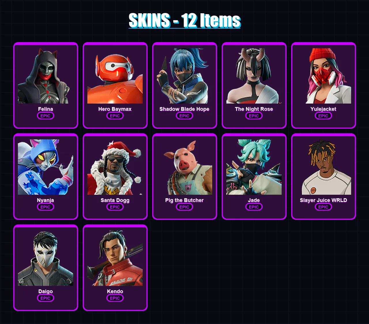 [PS4/PS5/XBOX/PC] | Felina | Hero Baymax | Shadow Blade Hope | The Night Rose | Yulejacket | 12 skin | 35 pickaxe | 26 emote | 24 glider | Lv423