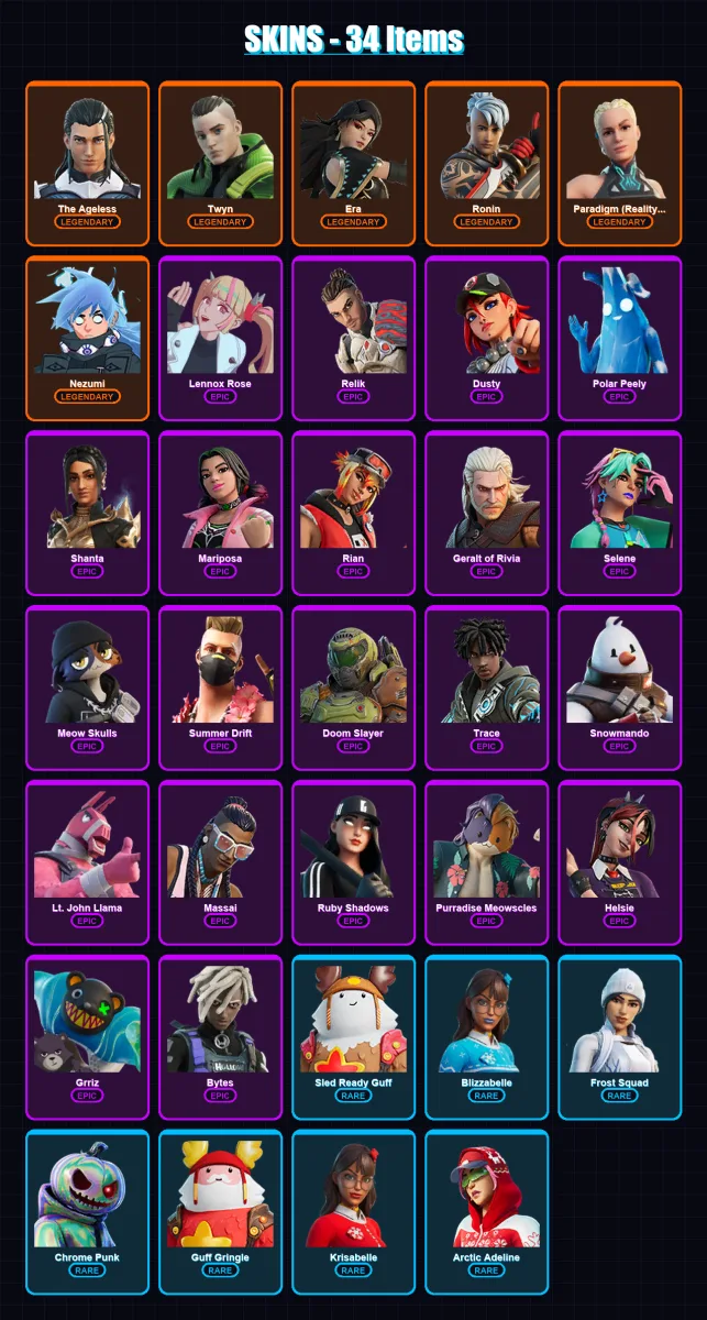 [PS4/PS5/XBOX/PC] | The Ageless | Twyn | Era | Ronin | Paradigm (Reality-659) | 34 skin | 50 pickaxe | 43 emote | 57 glider | Lv753