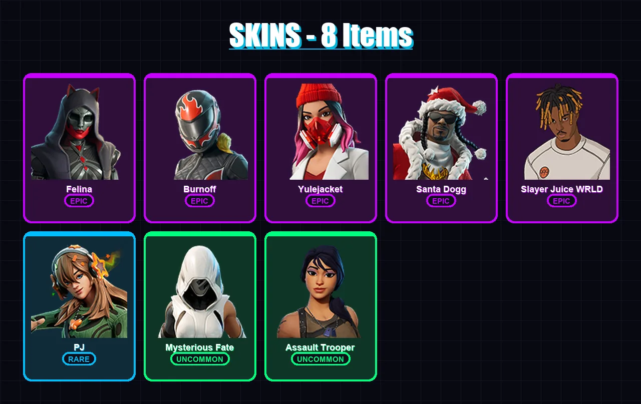 [PC/PSN] | Felina | Burnoff | Yulejacket | Santa Dogg | Slayer Juice WRLD | 8 skin | 45 pickaxe | 18 emote | 24 glider | Lv671