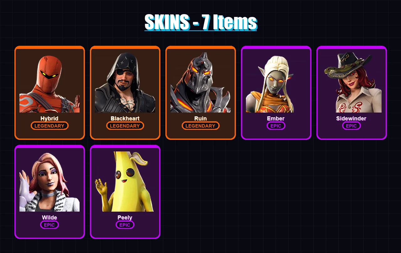[PS4/PS5/XBOX/PC] | Hybrid | Blackheart | Ruin | Ember | Sidewinder | 7 skin | 9 pickaxe | 10 emote | 11 glider | Lv138