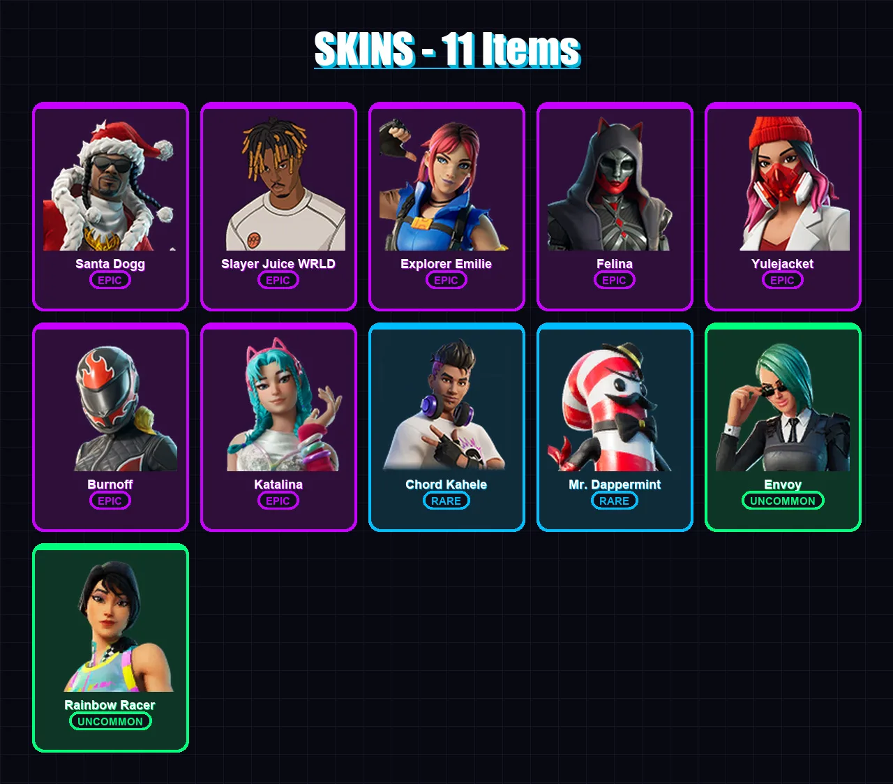 [PS4/PS5/XBOX/PC] | Santa Dogg | Slayer Juice WRLD | Explorer Emilie | Felina | Yulejacket | 11 skin | 32 pickaxe | 9 emote | 24 glider | Lv298