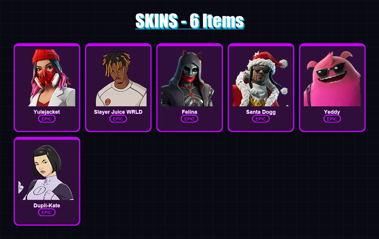 [PC/XBOX/PSN] | Yulejacket | Slayer Juice WRLD | Felina | Santa Dogg | Yeddy | 6 skin | 28 pickaxe | 10 emote | 17 glider | Lv188