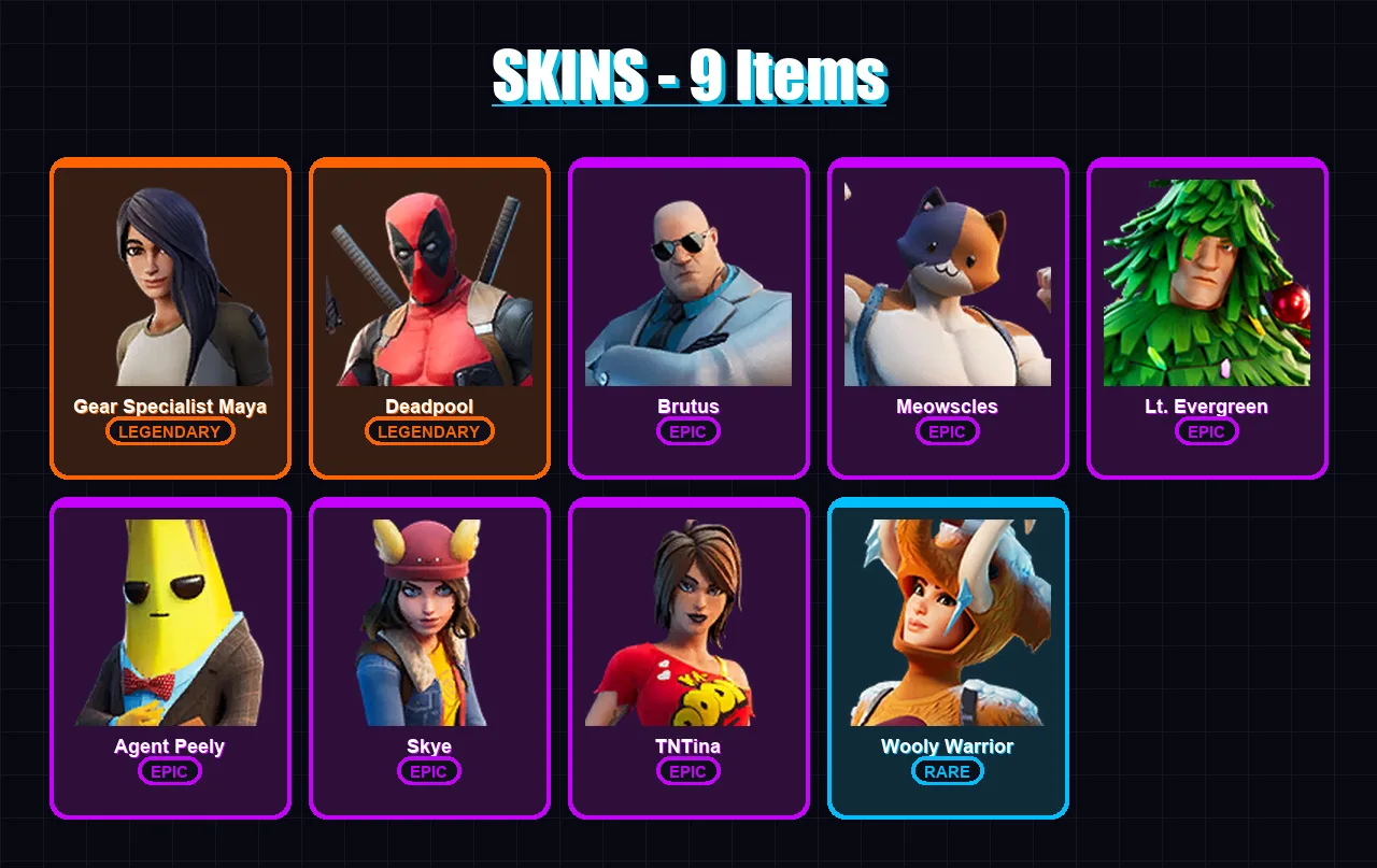 [PC/XBOX/PSN] | Gear Specialist Maya | Deadpool | Brutus | Meowscles | Lt. Evergreen | 9 skin | 17 pickaxe | 23 emote | 17 glider | Lv311