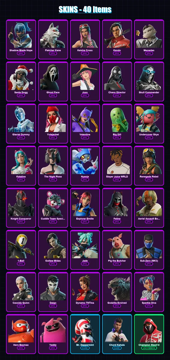 [PC/XBOX/PSN] | Shadow Blade Hope | Fletcher Kane | Keisha Cross | Kendo | Meowdas | 40 skin | 79 pickaxe | 42 emote | 58 glider | Lv801