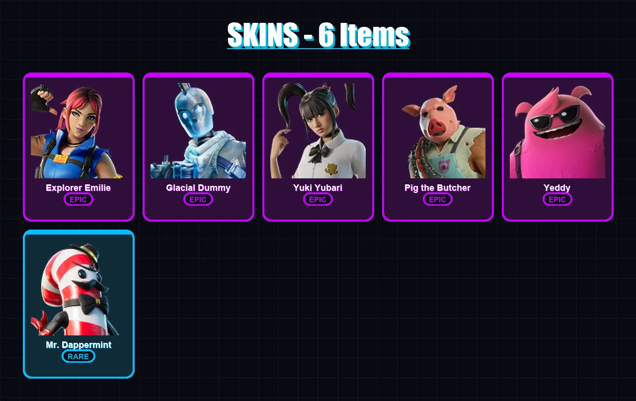 [PC/XBOX/PSN] | Explorer Emilie | Glacial Dummy | Yuki Yubari | Pig the Butcher | Yeddy | 6 skin | 31 pickaxe | 15 emote | 25 glider | Lv391