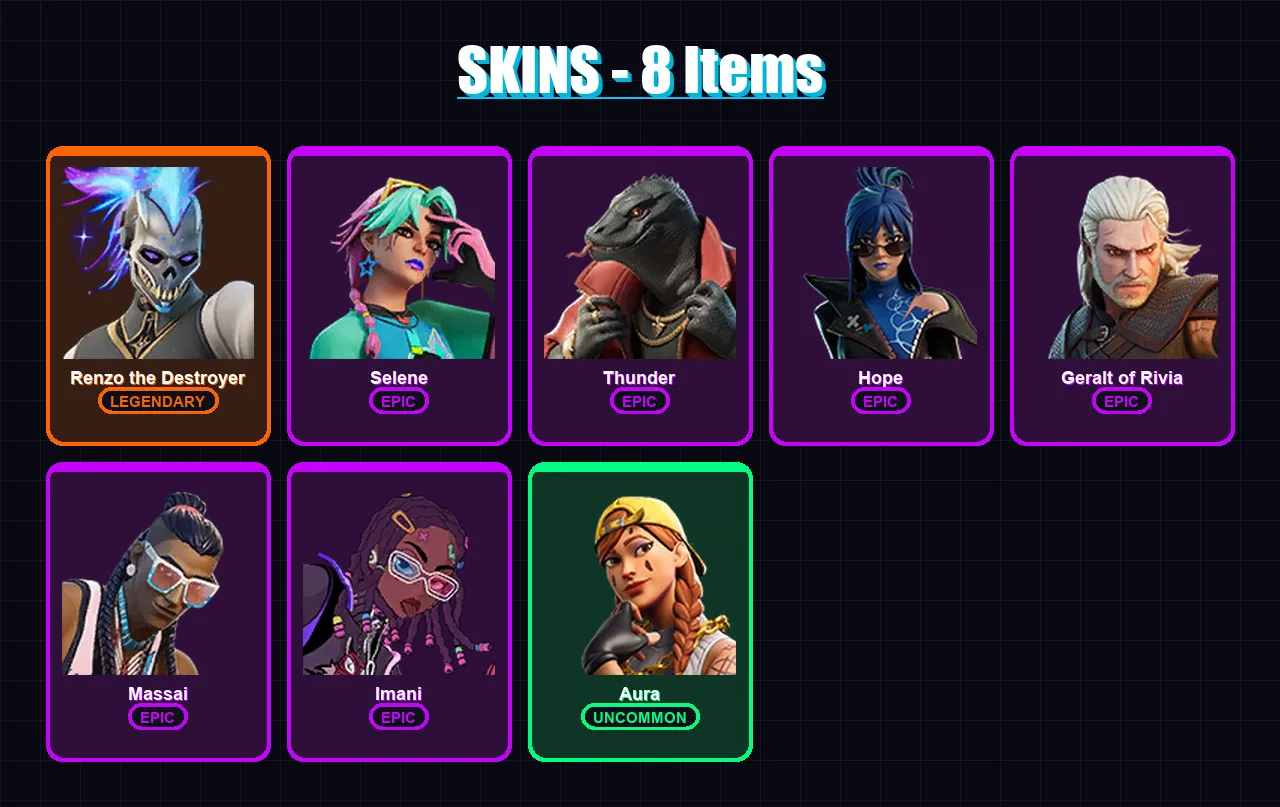 [SWITCH/XBOX/PSN/PC] | Renzo the Destroyer | Selene | Thunder | Hope | Geralt of Rivia | 8 skin | 12 pickaxe | 11 emote | 13 glider | Lv154